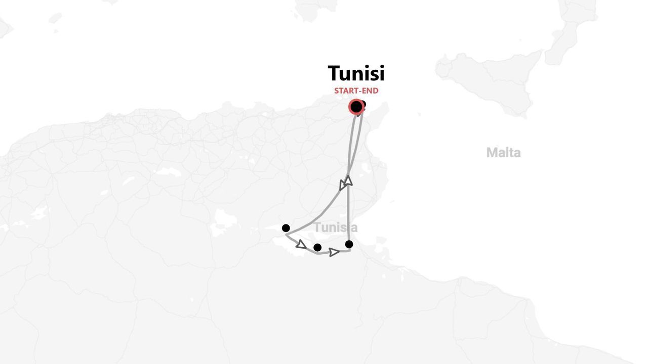 Mappa di un itinerario di viaggio circolare in Tunisia, con partenza e arrivo nella città di Tunisi.