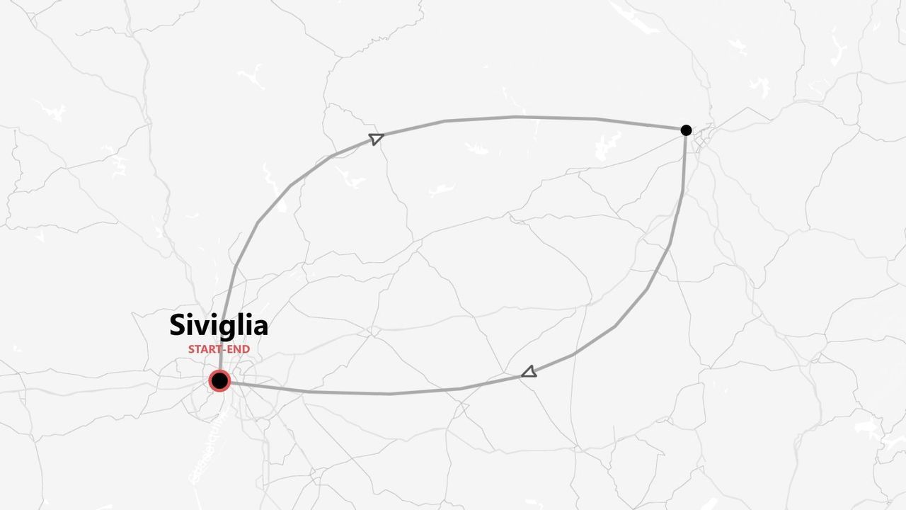 Una mappa stilizzata che mostra un percorso di viaggio circolare con inizio e fine a Siviglia, indicata da un marcatore rosso.