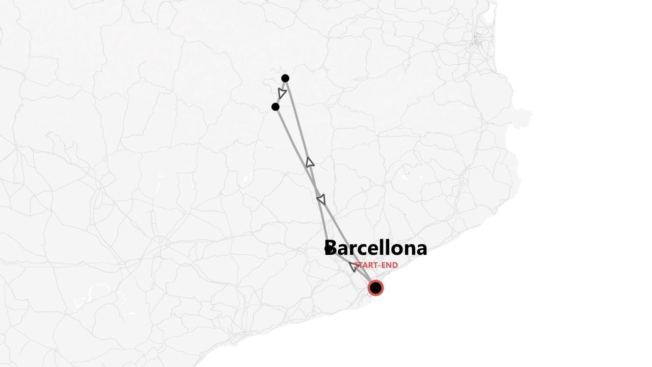 Una mappa che mostra un itinerario di viaggio di andata e ritorno con partenza e arrivo a Barcellona, con diverse tappe lungo il percorso.