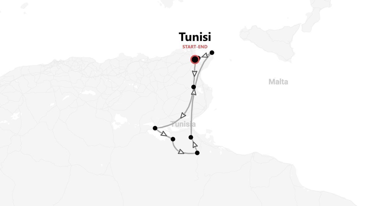 Una mappa minimalista della Tunisia che mostra un percorso di viaggio. L'itinerario circolare inizia e finisce nella città di Tunisi.