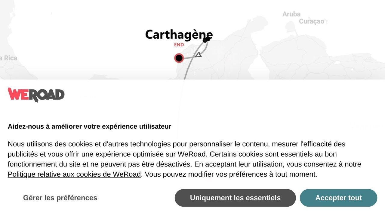 Capture d'écran de la bannière de consentement aux cookies en français du site WeRoad, avec une carte en arrière-plan affichant un itinéraire se terminant à Carthagène.