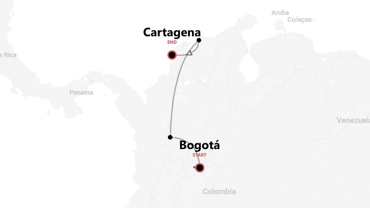 Mapa de Colombia con itinerario de viaje de Bogotá a Cartagena.
