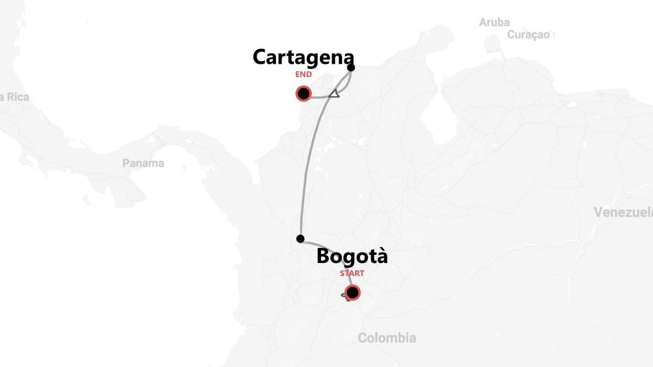Eine Kolumbien-Karte mit einer Reiseroute von Bogotá nach Cartagena.