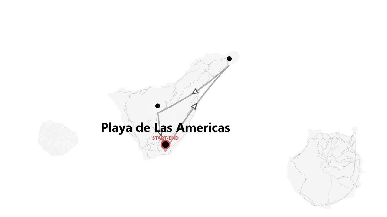 Una mappa di un'isola che mostra un itinerario turistico che inizia e finisce a Playa de Las Américas.