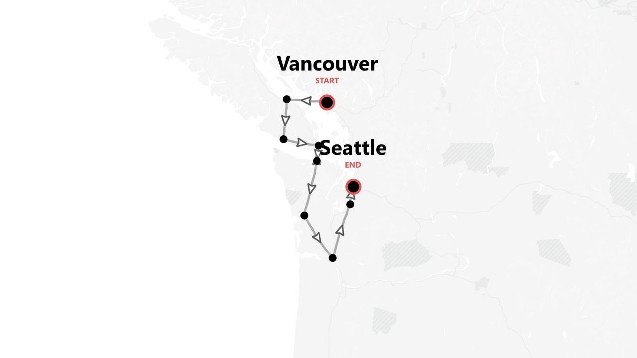 Una mappa minimalista che mostra un itinerario di viaggio con punto di partenza a Vancouver e punto di arrivo a Seattle.