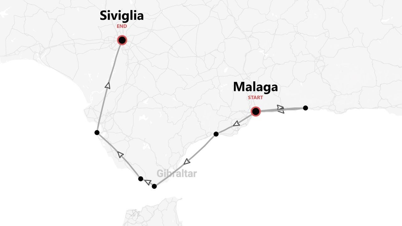 Mappa di un itinerario di viaggio che parte da Malaga, attraversa Gibilterra e termina a Siviglia.