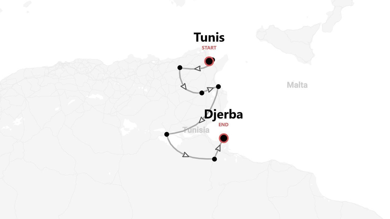 Eine Karte mit einer Reiseroute durch Tunesien, beginnend in Tunis und endend in Djerba.