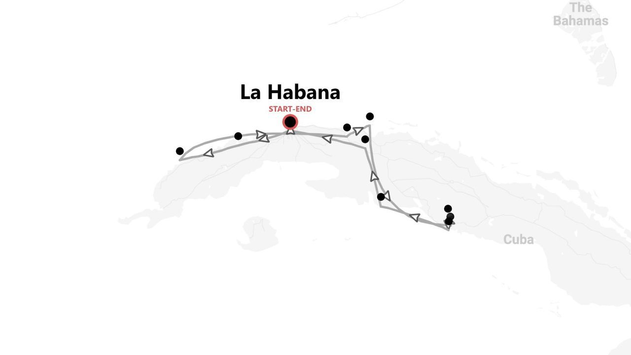 Un mapa de una ruta de viaje por Cuba, comenzando y terminando en La Habana.