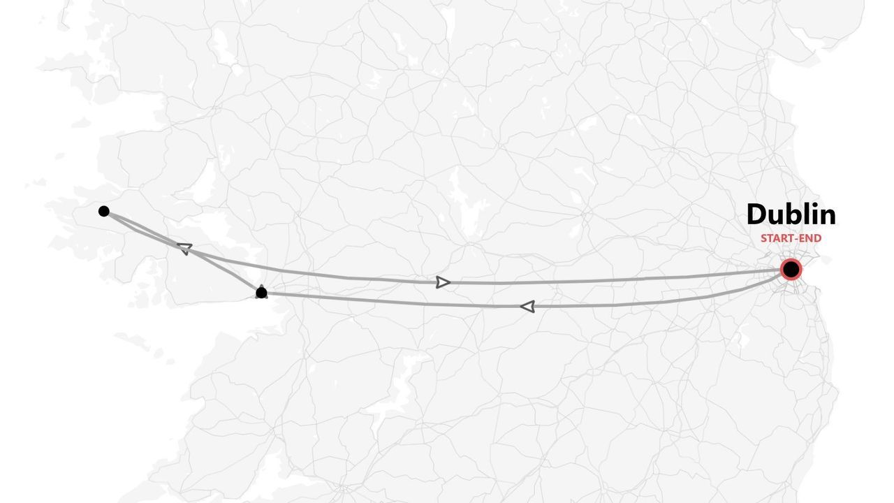 Itinéraire de voyage circulaire en Irlande, au départ et à l'arrivée de Dublin.