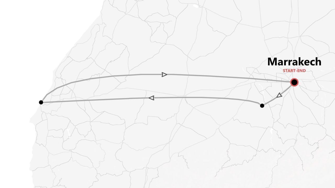 Mappa di un itinerario di viaggio circolare con più tappe, con inizio e fine a Marrakech.