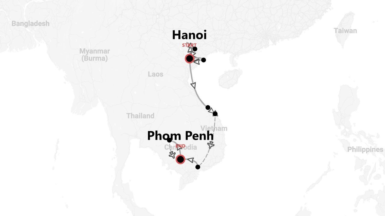 Una mappa del Sud-est asiatico che mostra un itinerario turistico con partenza da Hanoi, Vietnam, e viaggio verso sud attraverso diverse tappe fino a Phnom Penh, Cambogia.