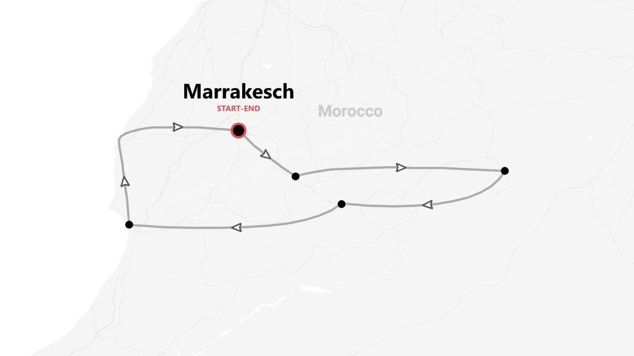 Karte einer Marokko-Reiseroute ab/bis Marrakesch.
