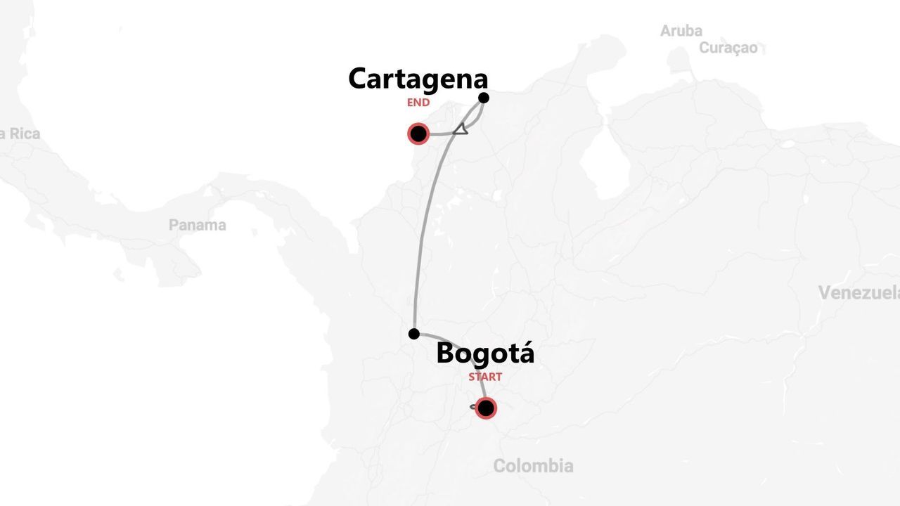 A map of Colombia showing a travel route starting in Bogotá and ending in Cartagena.
