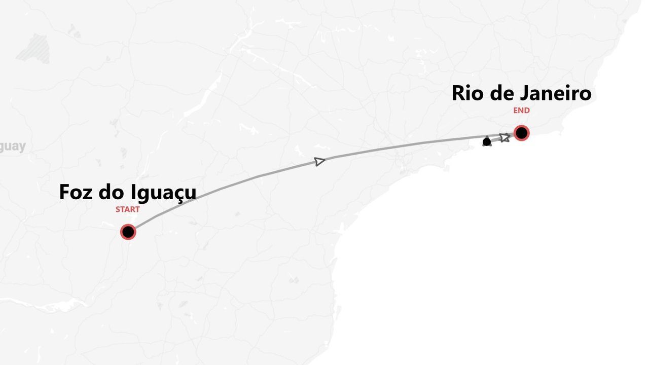 Mappa del percorso di viaggio da Foz do Iguaçu a Rio de Janeiro.