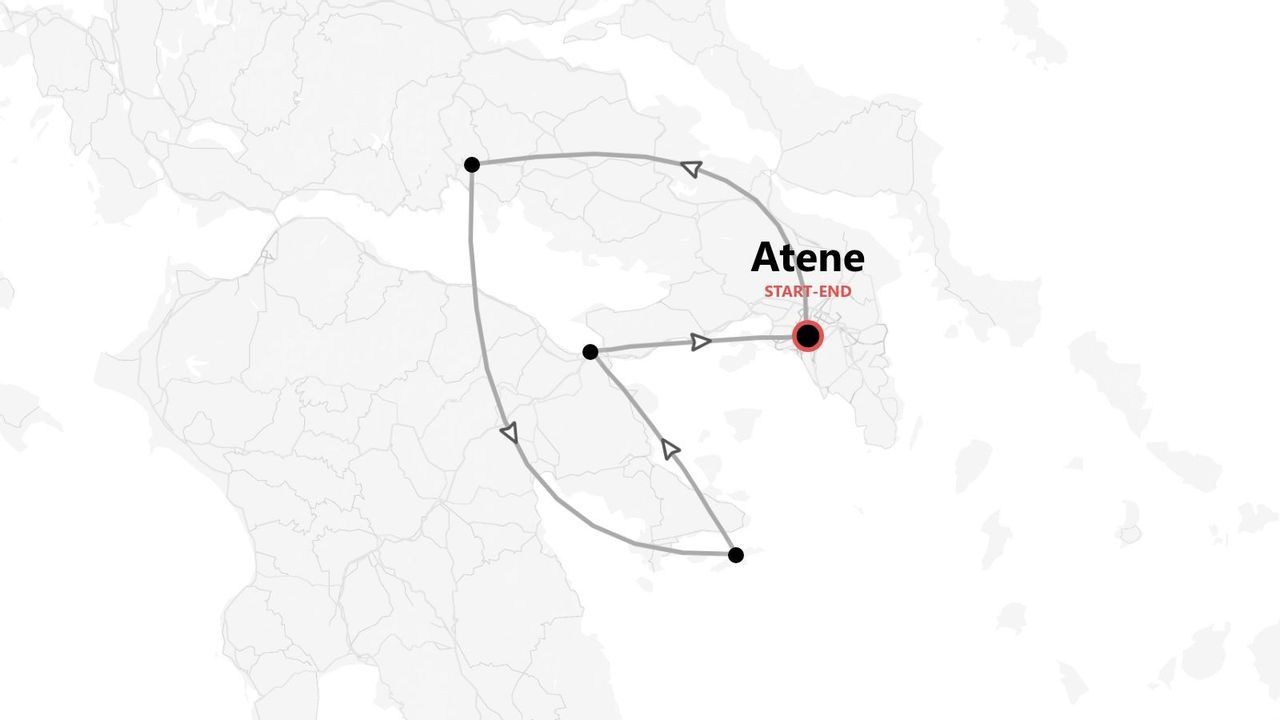 Mappa di un itinerario di viaggio circolare con diverse tappe, con partenza e arrivo ad Atene, Grecia.