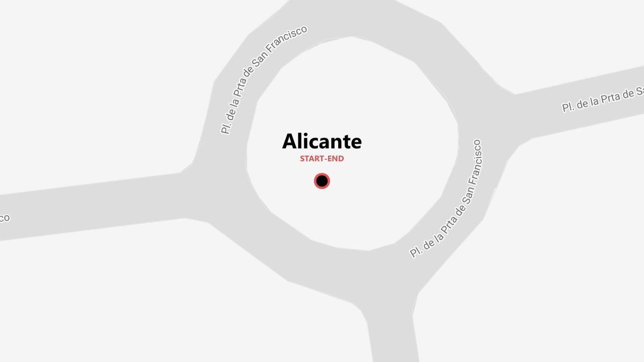 Una mappa stilizzata di Alicante, che mostra un punto di inizio e fine presso la rotonda di Pl. de la Prta de San Francisco.