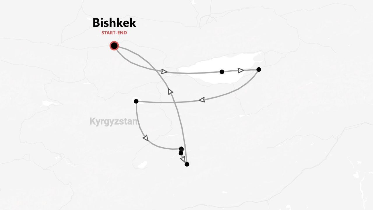 Mappa di un itinerario turistico attraverso il Kirghizistan, con punto di partenza e arrivo nella città di Bishkek.