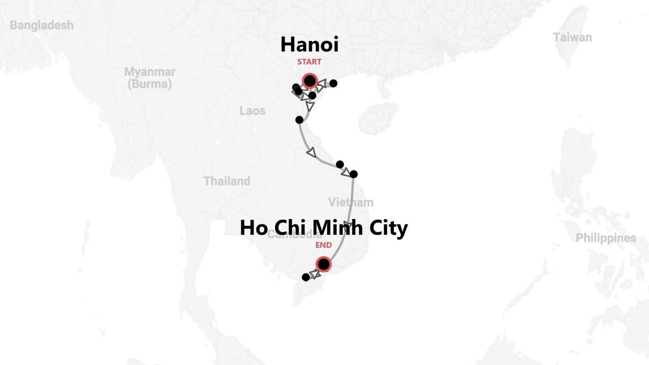 Reiseroute Vietnam: Von Hanoi nach Ho-Chi-Minh-Stadt auf der Karte.