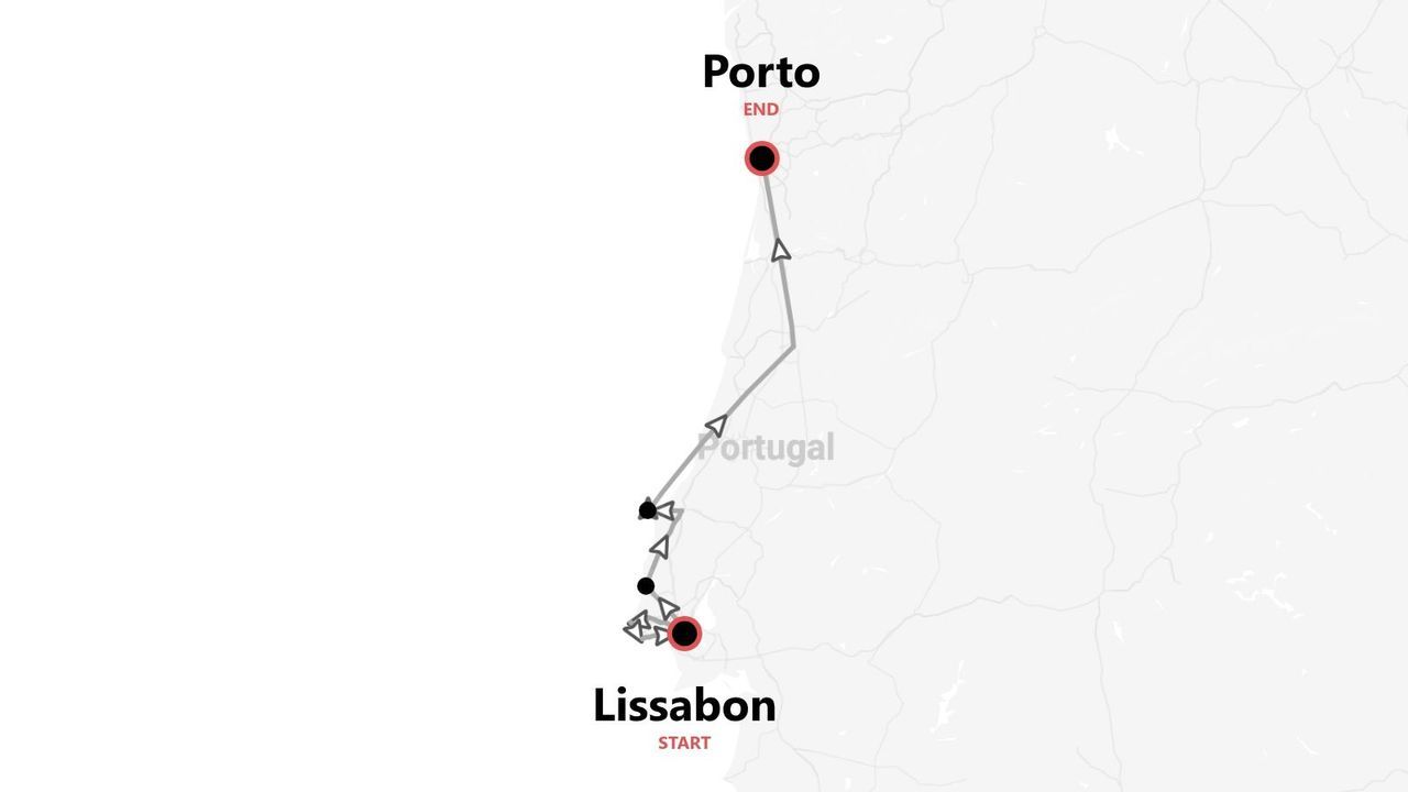 Eine Karte Portugals mit einer Reiseroute, die in Lissabon beginnt und in Porto endet, inklusive eingezeichneter Strecke und Stopps.