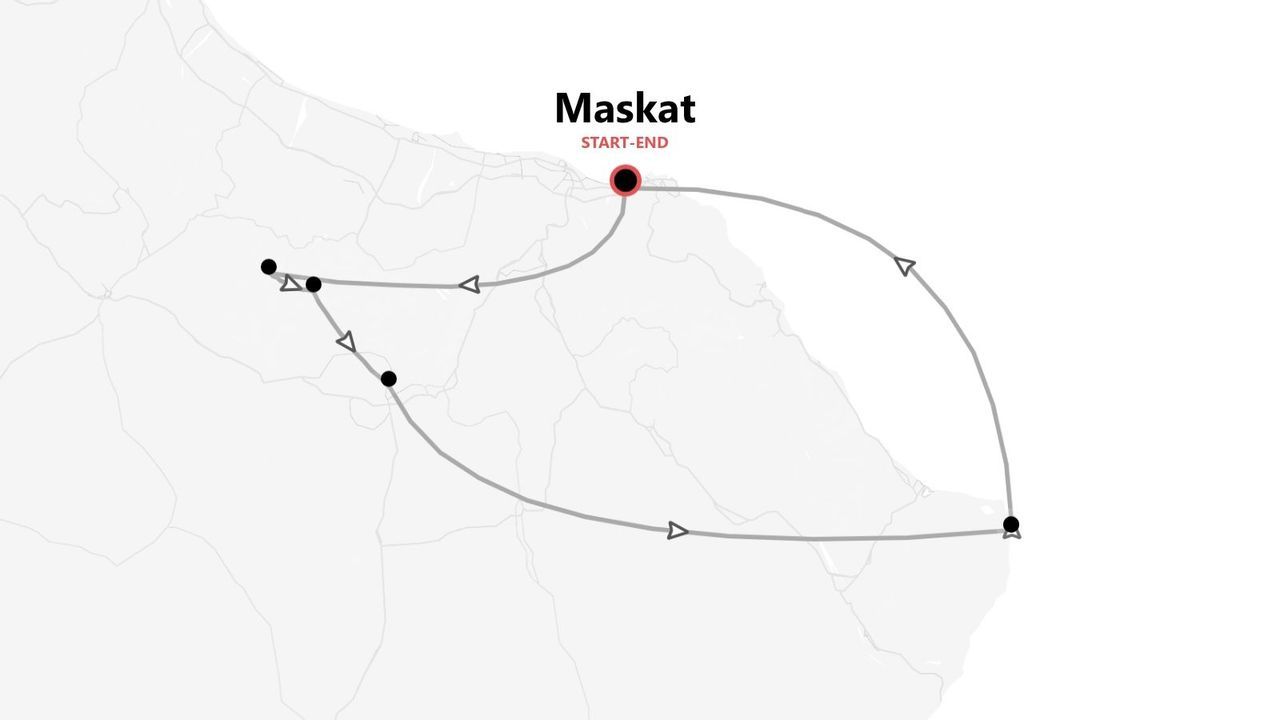 Eine Karte, die eine Reiseroute illustriert, die in Maskat beginnt und endet, mit mehreren markierten Stationen entlang des Weges.