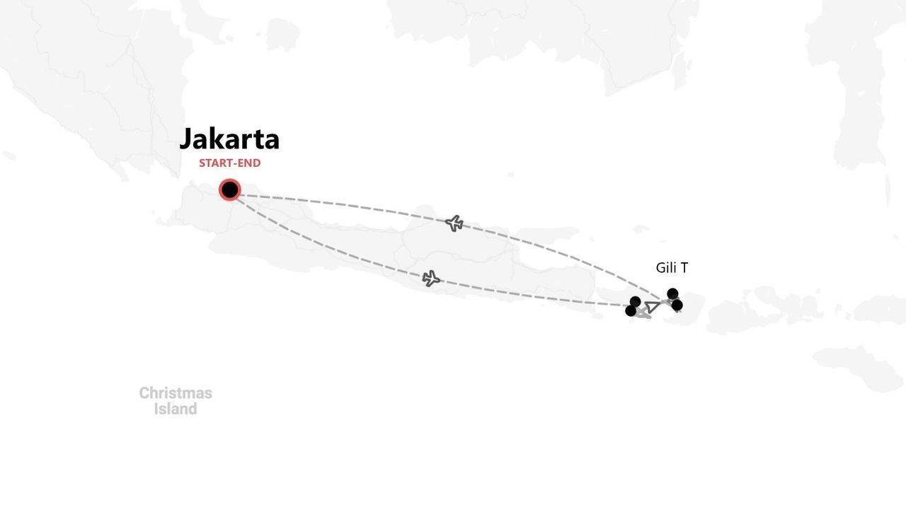 Eine Karte, die eine Reiseroute von und nach Jakarta mit Flugverbindungen zu den Gili T Inseln in Indonesien darstellt.