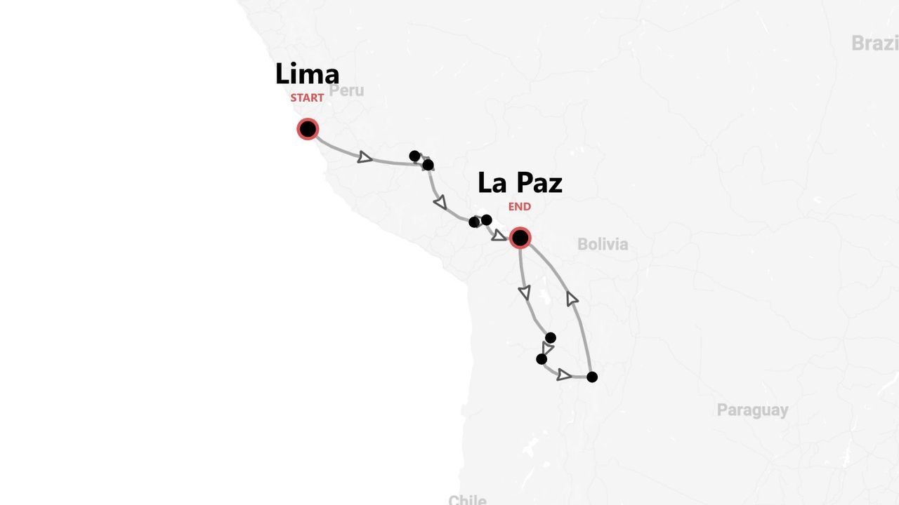 Una mappa di un itinerario di viaggio attraverso Perù e Bolivia, con partenza da Lima e arrivo a La Paz.