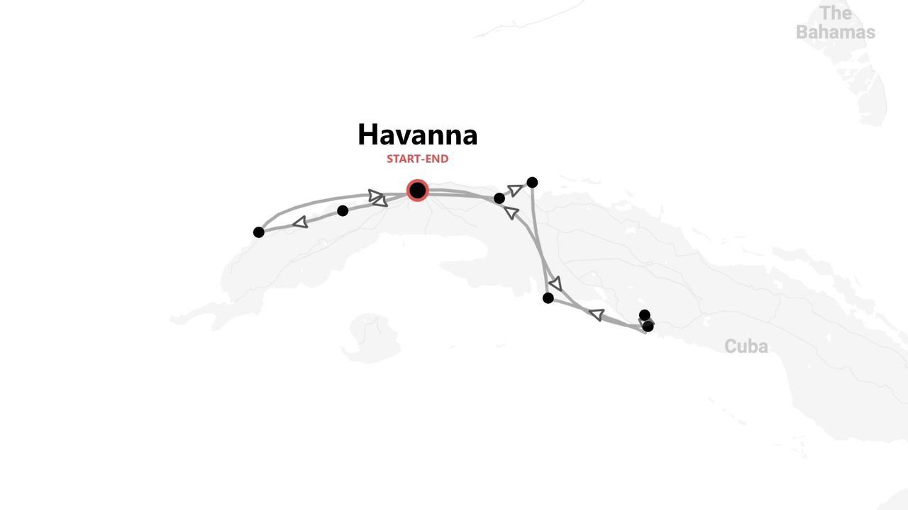 Eine minimalistische Karte von Kuba, die eine Reiseroute zeigt. Die Route, mit einer Linie und Punkten markiert, beginnt und endet in Havanna.