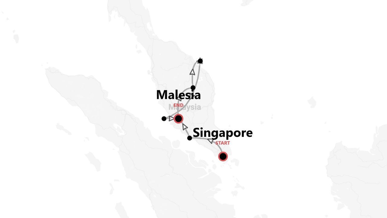 Mappa minimalista di un itinerario di viaggio con partenza da Singapore e arrivo in Malesia.