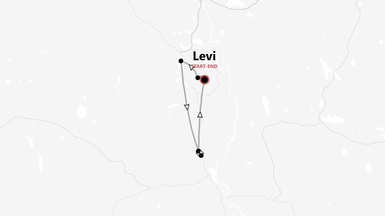 Mappa schematica di un itinerario di viaggio con partenza e arrivo a Levi, il percorso è indicato da una linea ad anello e marcatori.