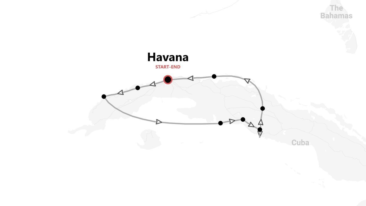 Carte minimaliste d'un itinéraire de voyage à Cuba, avec départ et arrivée à La Havane.