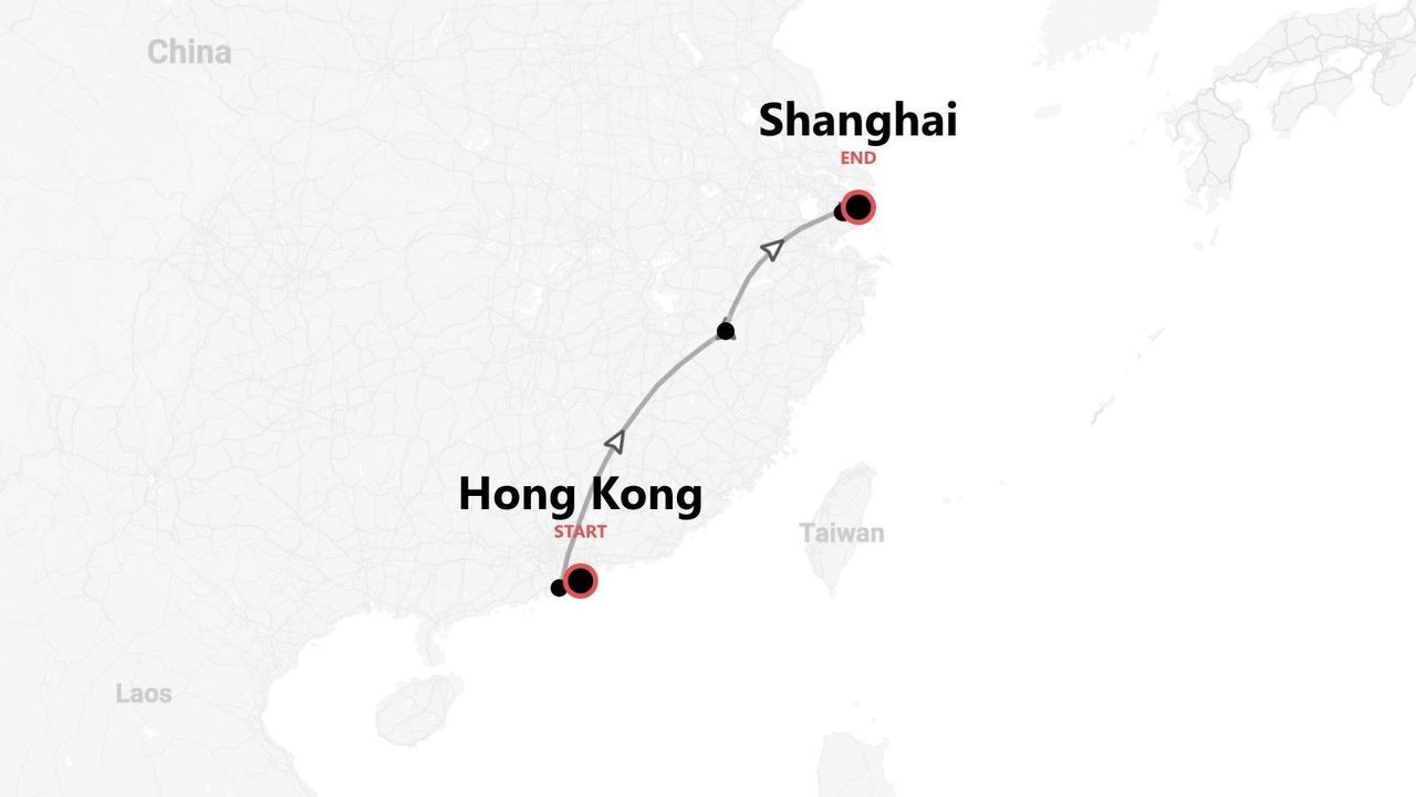 Una mappa di un itinerario di viaggio in Cina, che mostra un percorso che inizia a Hong Kong e termina a Shanghai.