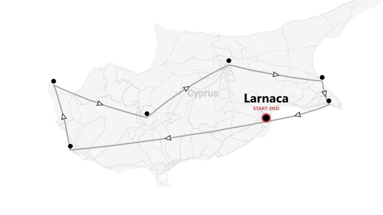 Mappa di un itinerario di viaggio sull'isola di Cipro, con partenza e arrivo nella città di Larnaca.