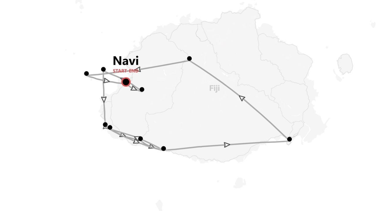 Una mappa delle Fiji che mostra un percorso di viaggio intorno all'isola principale, che inizia e finisce in una località contrassegnata come Navi.
