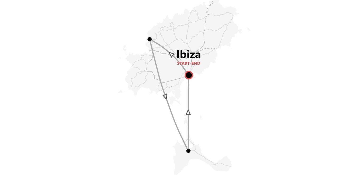 Mappa di un itinerario di viaggio a Ibiza, con il percorso segnato da linee e punti.