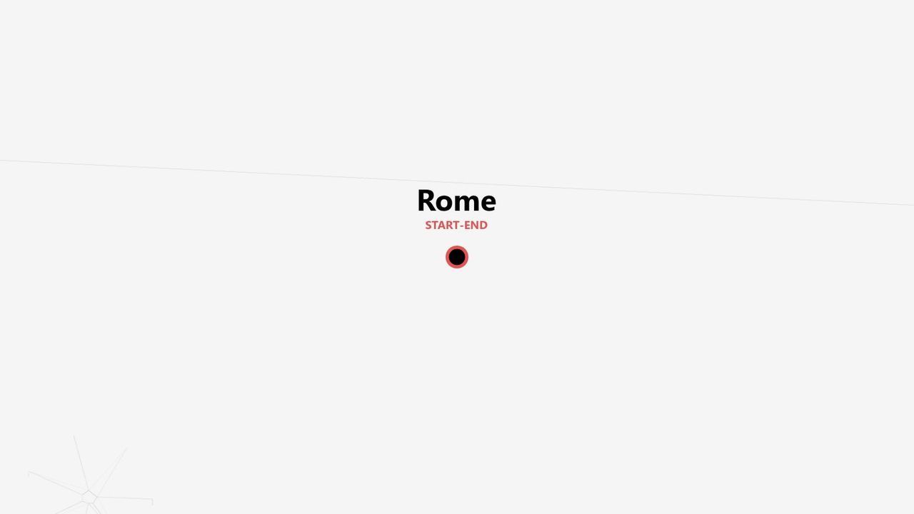 Une carte d'itinéraire de voyage illustrant Rome comme point de départ et d'arrivée, marquée par une icône circulaire rouge et noire.
