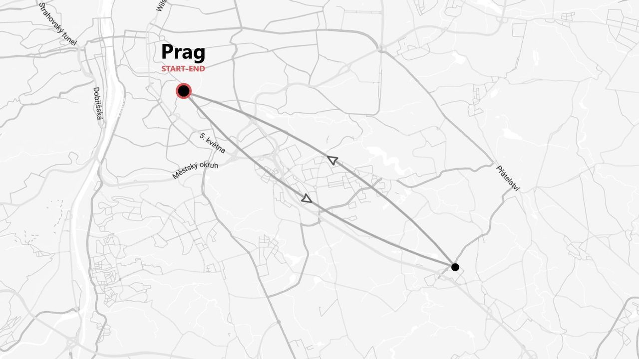 Eine Schwarz-Weiß-Karte einer Reiseroute mit Start und Ziel in Prag.