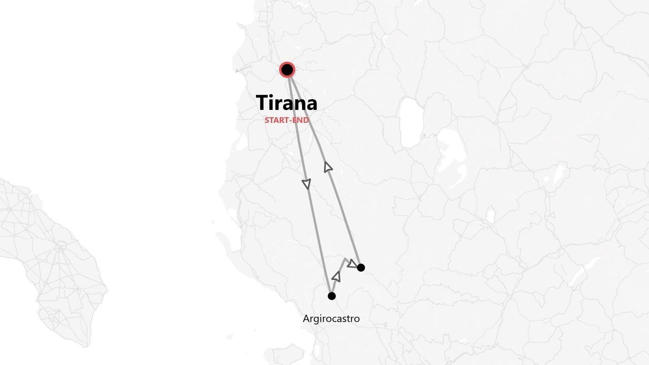 Eine minimalistische Karte mit einer Reiseroute, die in Tirana beginnt und endet und durch Argirocastro führt.