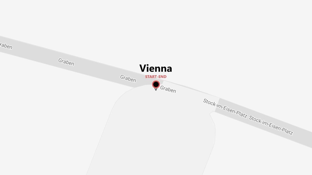 A simplified map of Vienna showing a start-end location pin on Graben street, near Stock-im-Eisen-Platz.