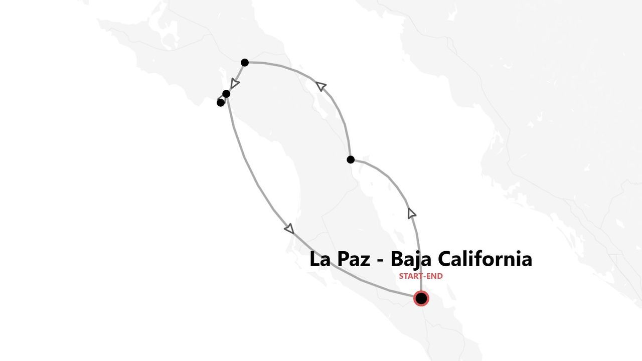 Mappa dell'itinerario di viaggio a La Paz, Bassa California, con percorso circolare.