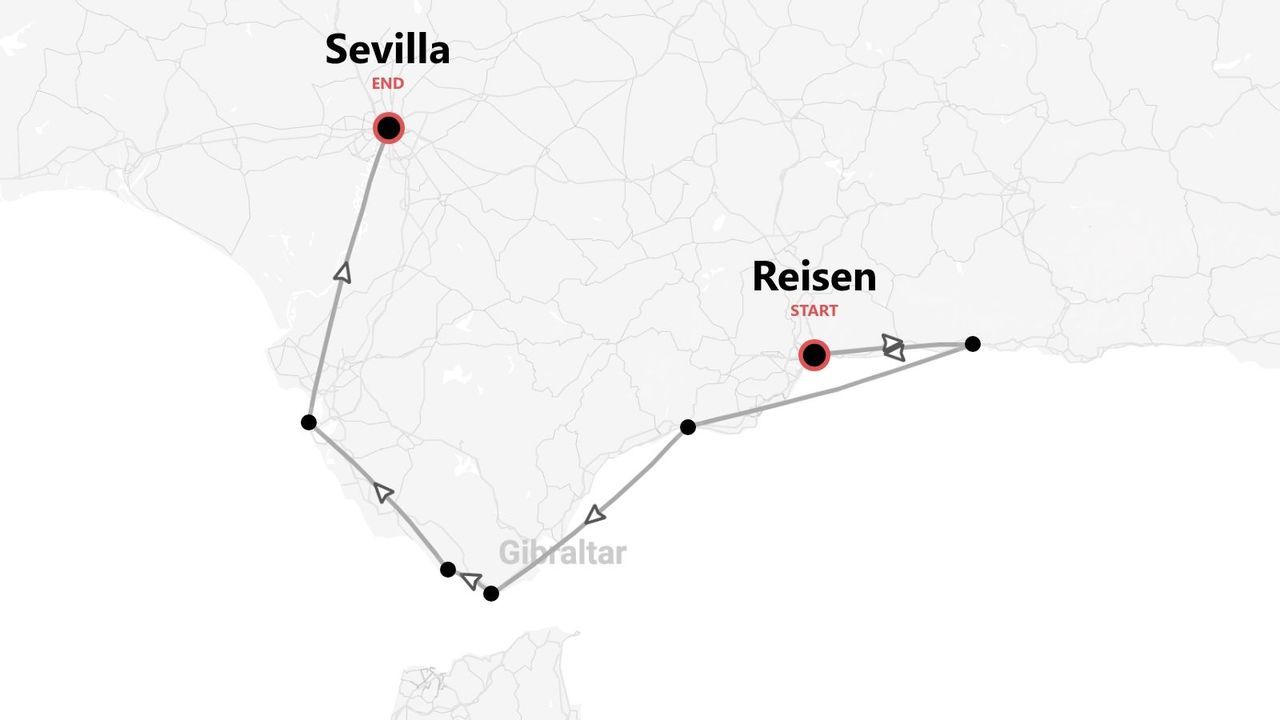 Eine Karte, die eine Reiseroute durch Südspanien zeigt, vorbei an Gibraltar und endend in Sevilla.