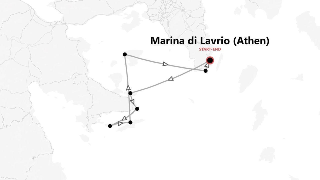 Eine Karte mit dem Reiseverlauf einer Bootsfahrt, die an der Marina di Lavrio in Athen, Griechenland, beginnt und endet.
