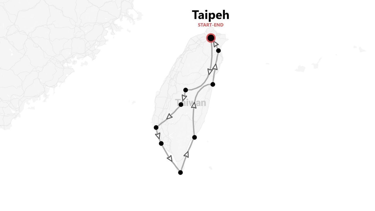 Eine Karte Taiwans mit einer Reiseroute, die in Taipeh beginnt und endet und die Insel umrundet.