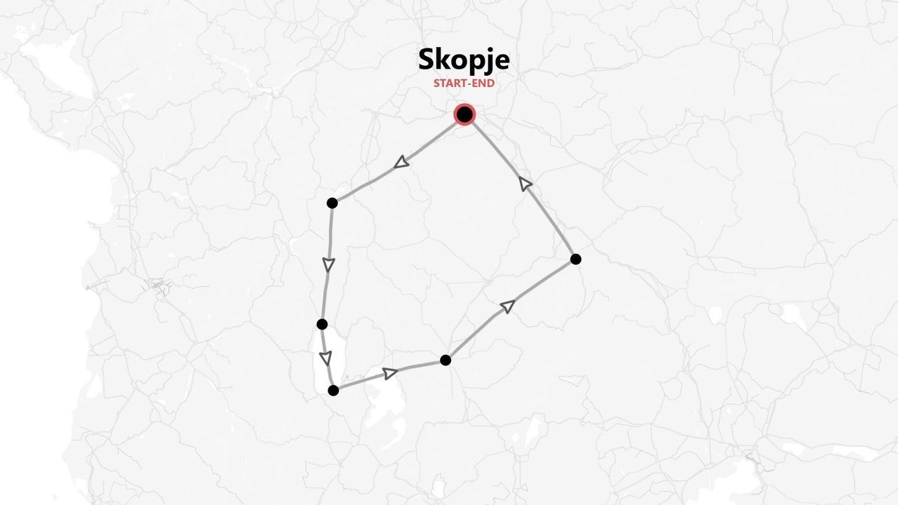 Eine Karte mit einer Rundreise, die in Skopje beginnt und endet, und mehrere markierte Stopps entlang der Route zeigt.