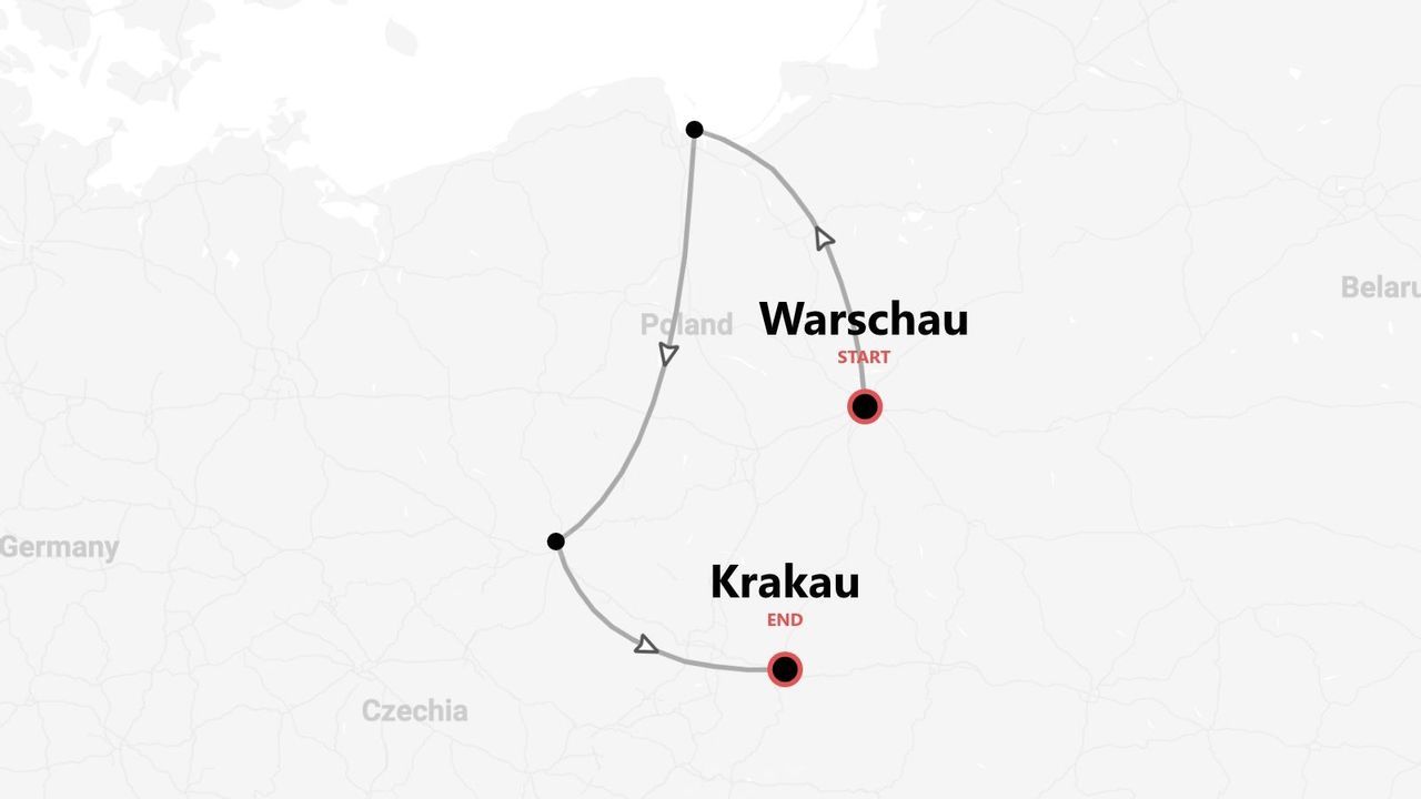 Polen Reisekarte: Route Warschau nach Krakau.