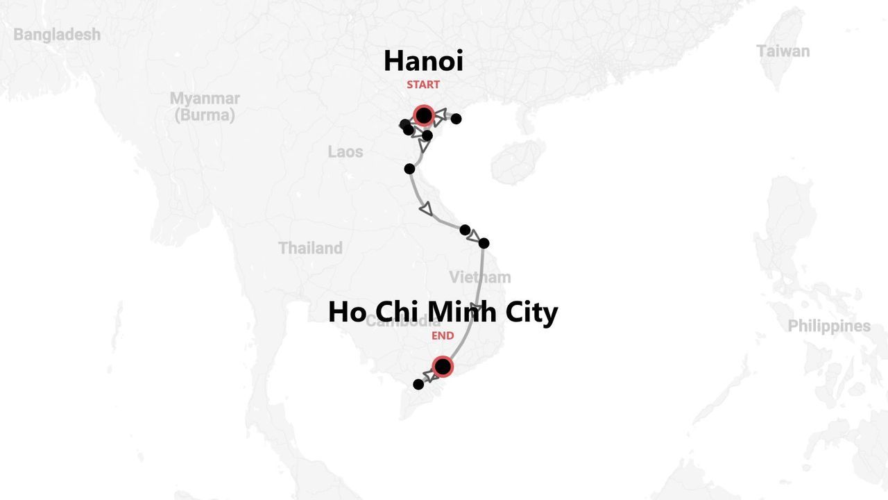 Eine Karte mit einer Reiseroute durch Vietnam, wobei die Route in Hanoi beginnt und in Ho-Chi-Minh-Stadt endet.