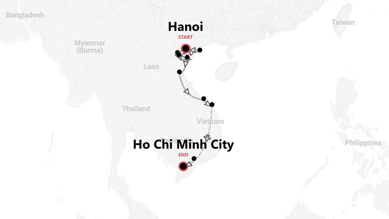 Un mapa de Vietnam que muestra un itinerario de viaje que comienza en Hanói y termina en Ciudad Ho Chi Minh.