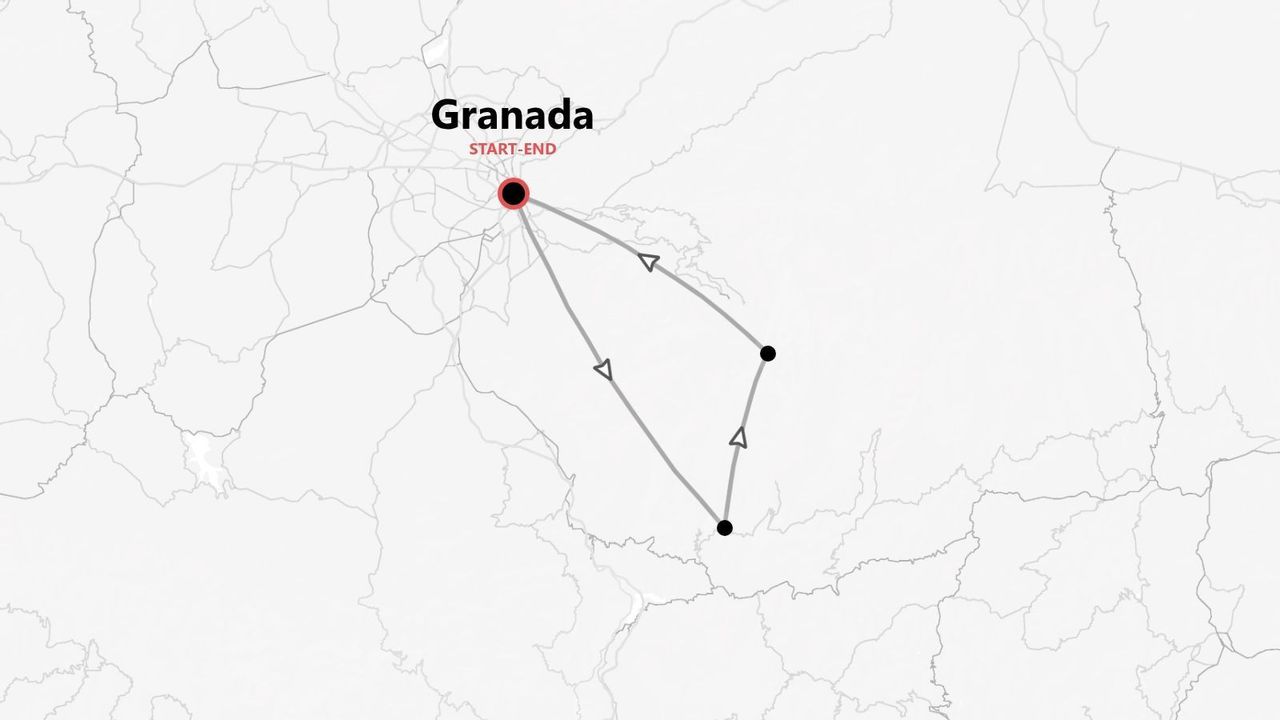 Un mapa estilizado que muestra un itinerario de viaje que comienza y termina en Granada, con una ruta circular que conecta otros dos puntos.