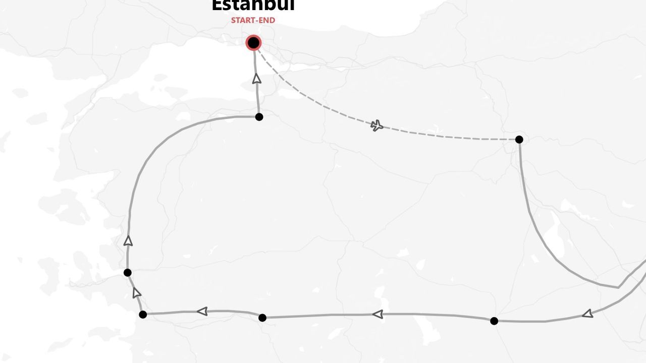 Un mapa de un itinerario de viaje en Turquía. La ruta circular comienza y termina en Estambul, mostrando paradas y una ruta de vuelo.