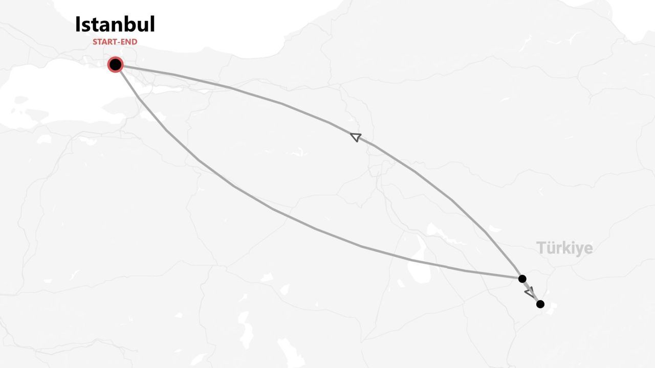 Carte d'un circuit aller-retour en Turquie, au départ et à l'arrivée d'Istanbul.
