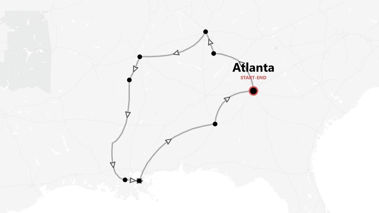 Une carte présentant un itinéraire de voyage qui commence et se termine à Atlanta, formant une boucle à travers le sud-est des États-Unis.